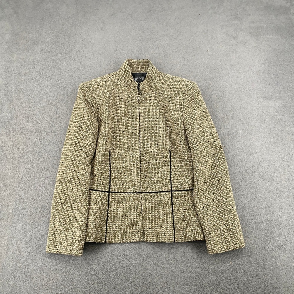 Kasper Petite Tan Black Tweed Full Zip Blazer Jacket Mock Neck Size 6P